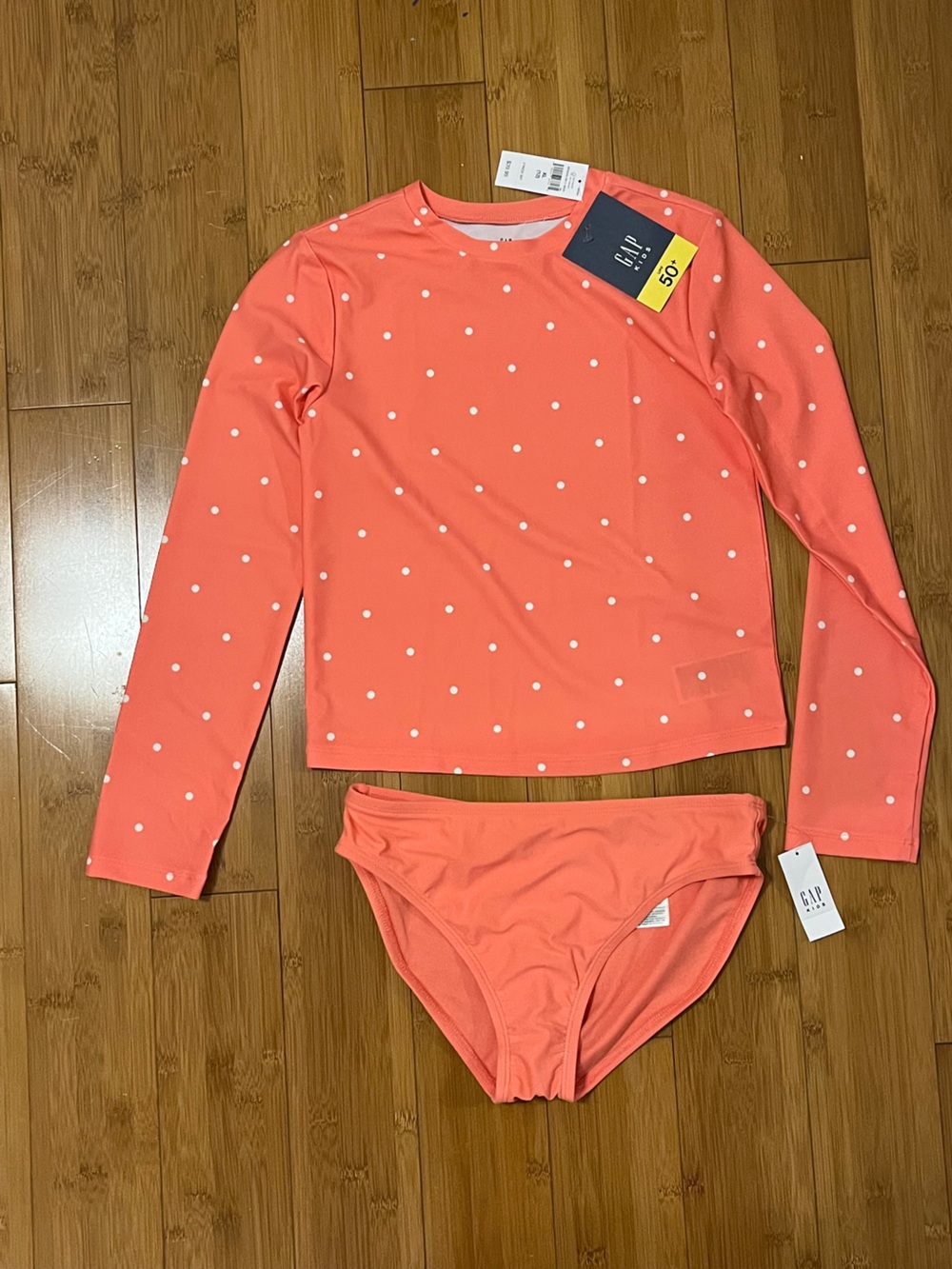New w tags GAP Coral Pink Polka Dot swim suit 2 piece long sleeve 50 UPF sze 12